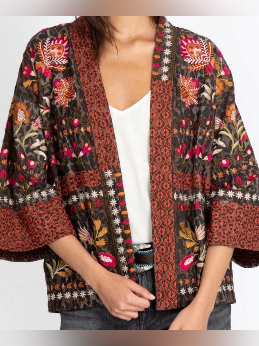 Johnny Was Embroidered Boho Kimono Jacket in Rich Brown & Pink - Oversized Small